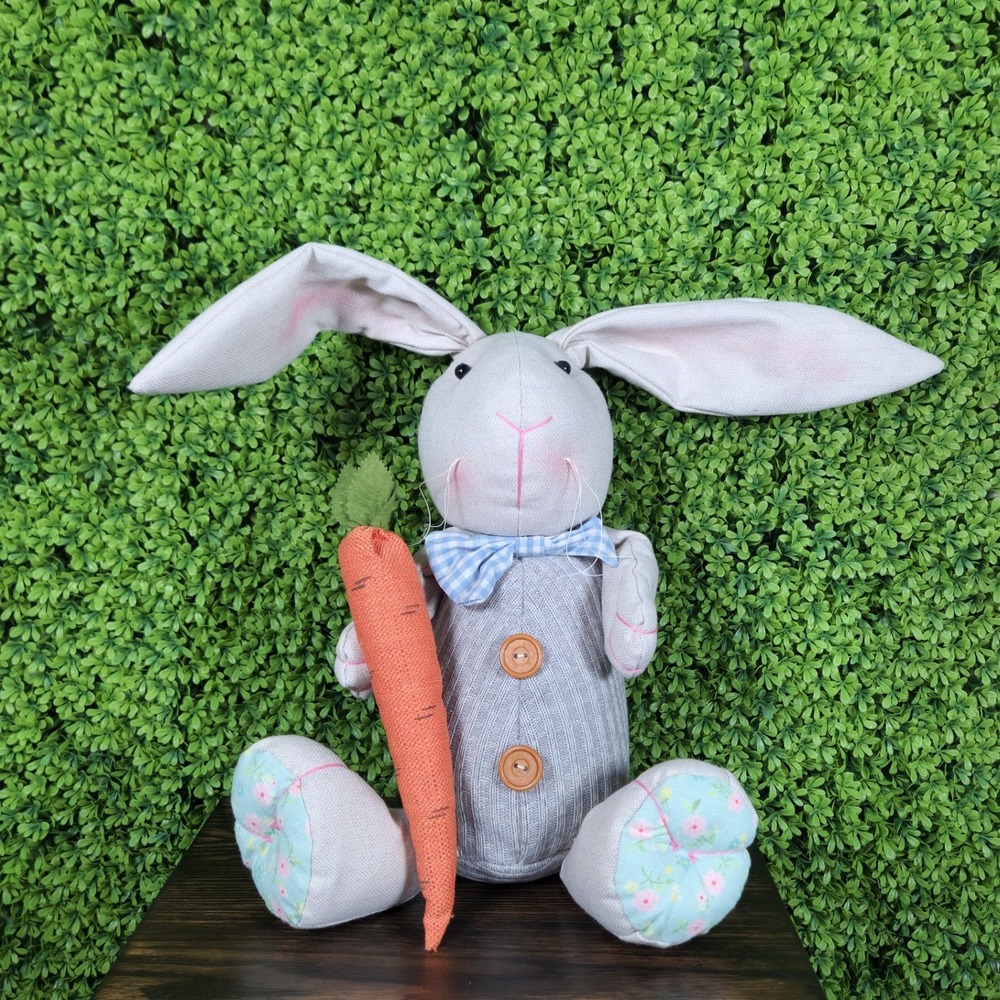 Grey Fabric Easter Bunny Figurine Weighted Shelf Sitter with Carrot and Bow Tie